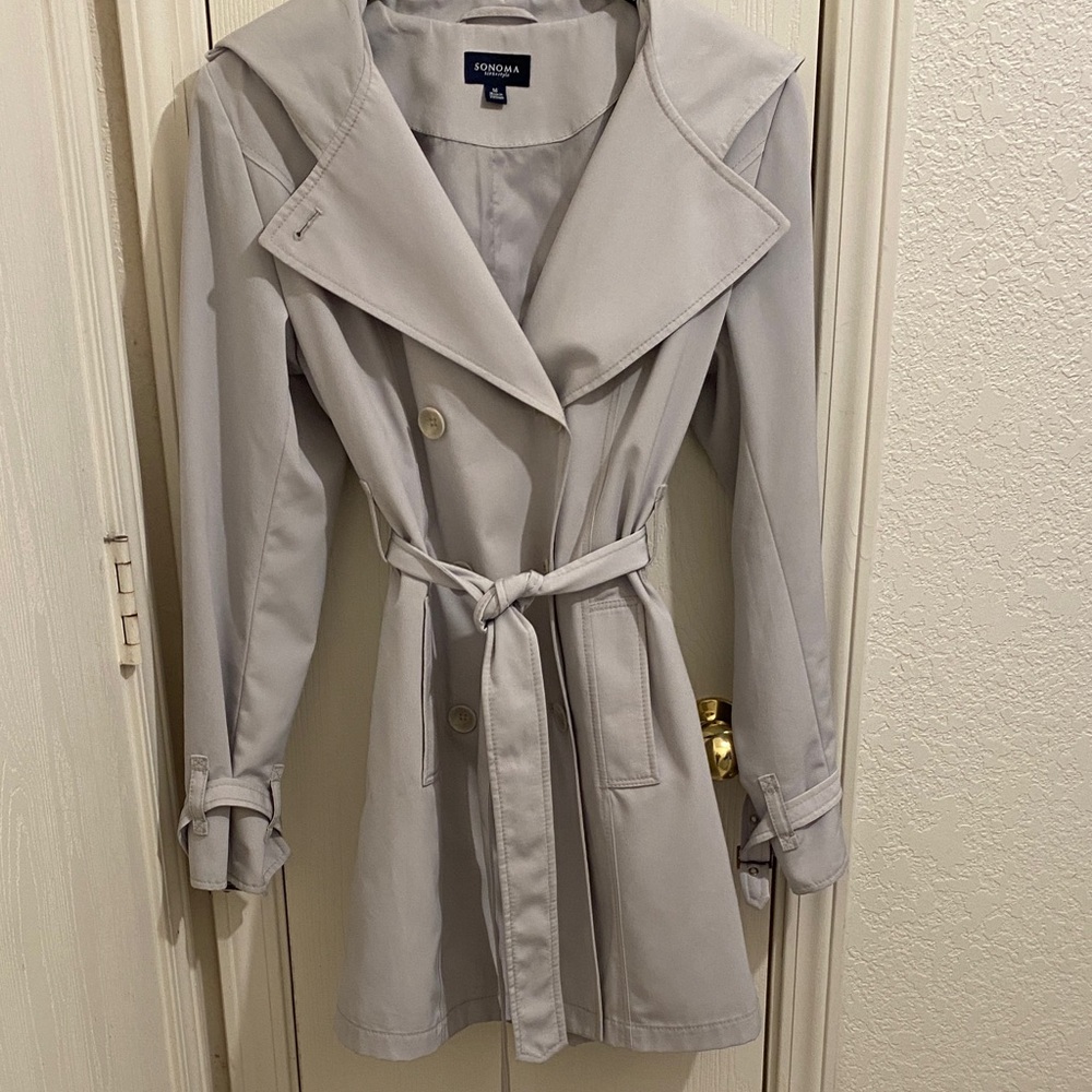 Sonoma Women's Light Neutral Hooded Belted Trench Coat Size M